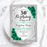 Green Silver Elegant Floral 50. Geburtstag Einladung<br><div class="desc">50. Geburtstagsfeier Einladung. Elegantes florales smaragdgrünes Design mit Rose. Enthält Imitate Glitzer silberne Streifen und Skript-Schriftart. Ideal für eine stilvolle Damenfeier. Kann für jedes Alter angepasst werden! Gedruckte Zazzle Einladungen oder Sofortdownload digitalen druckbaren Vorlage.</div>