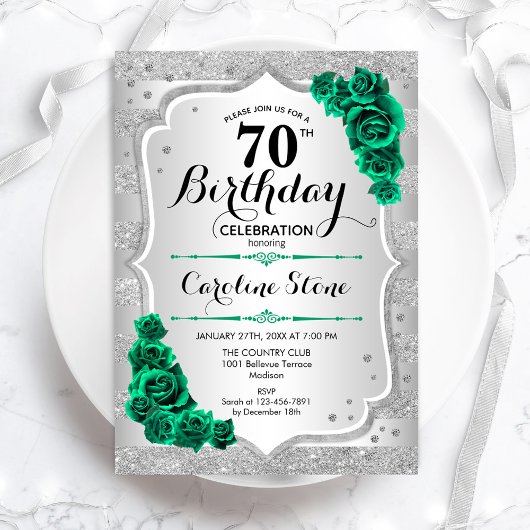 Green Silver Elegant Floral 70. Geburtstag Einladung