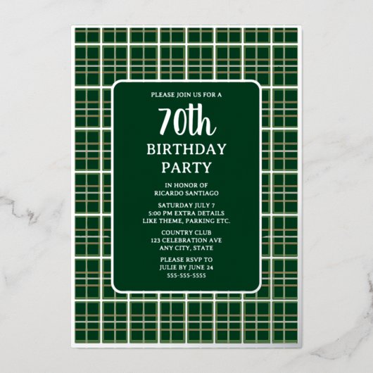Green Silver Geometric 70. Custom Birthday Party Folieneinladung (Vorderseite)