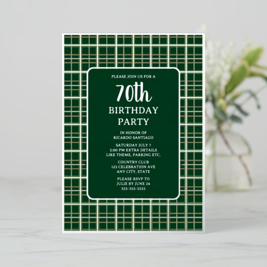 Green Silver Geometric 70. Custom Birthday Party Folieneinladung (Stehend vorne)
