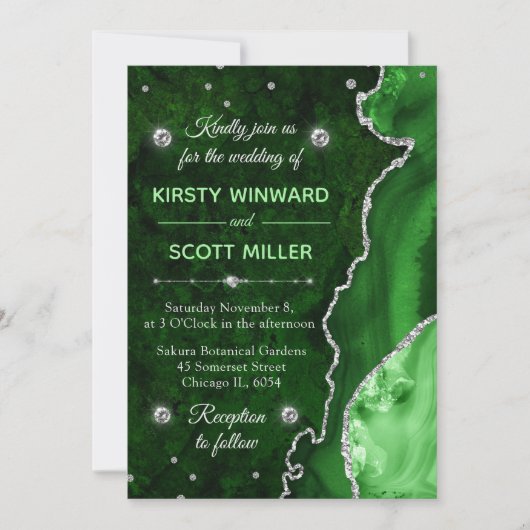 Green & Silver Glitzer Agate und Marmorhochzeit Einladung (Vorderseite)