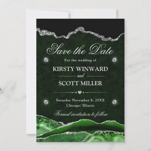 Green Silver Glitzer Marble Agate Save the Date (Vorderseite)