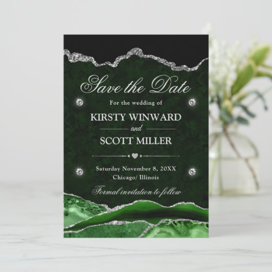 Green Silver Glitzer Marble Agate Save the Date (Stehend Vorderseite)
