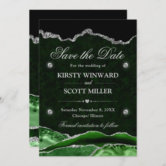 Green Silver Glitzer Marble Agate Save the Date (Vorne/Hinten)