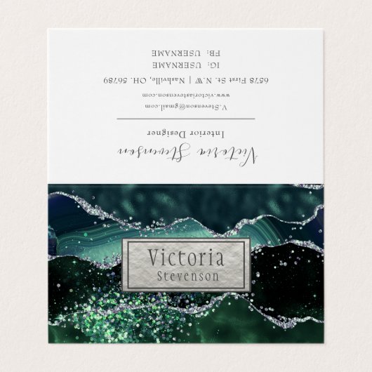 Green Silver Glitzer Marble Geode Agate Faltbus Visitenkarten (Außenseite Aufgefaltet)