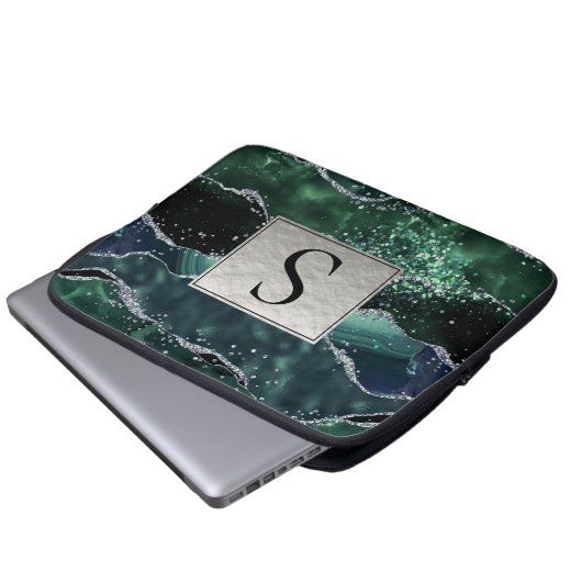 Green Silver Glitzer Marble Geode Agate Monogram Laptopschutzhülle (Vorne Knopf)