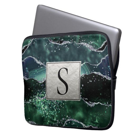 Green Silver Glitzer Marble Geode Agate Monogram Laptopschutzhülle (Vorderseite Links)