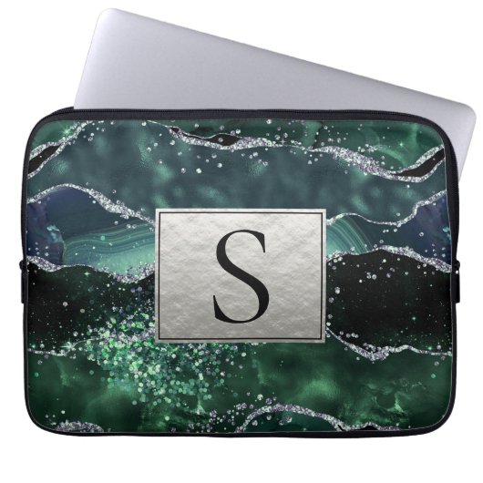 Green Silver Glitzer Marble Geode Agate Monogram Laptopschutzhülle (Vorderseite)