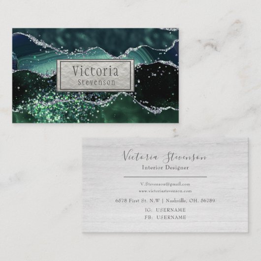 Green Silver Glitzer Marble Geode Agate Visitenkarte (Vorne/Hinten)