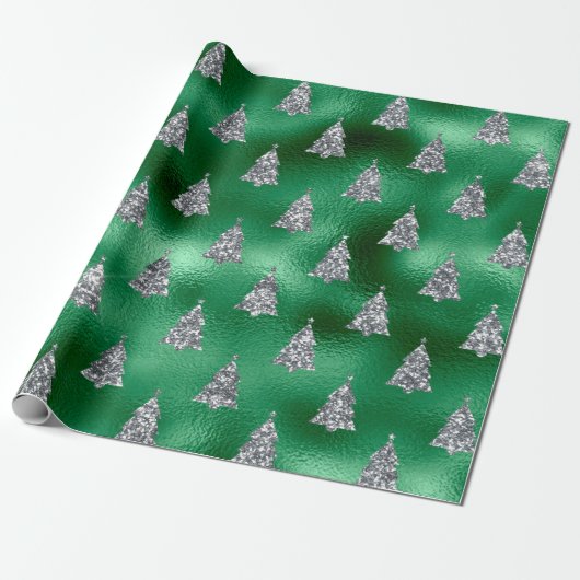 Green Silver Glitzer Weihnachtsbaum Glam Geschenkpapier (Ungerollt)