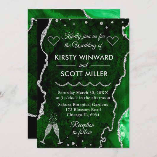 Green & Silver Imitats Glitzer Agate Marble Weddin Einladung (Vorne/Hinten)