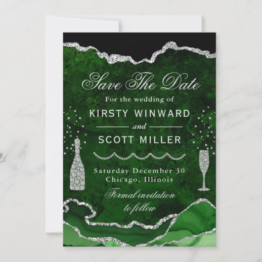 Green & Silver Imitats Glitzer Marble Agate Weddin Save The Date (Vorderseite)