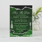 Green & Silver Imitats Glitzer Marble Agate Weddin Save The Date (Stehend Vorderseite)