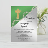 Green & Silver Metallic & Pearls Taufe Einladung (Stehend Vorderseite)
