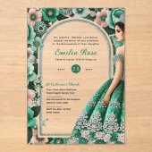 Green Silver Quinceañera Emerald Dress Mis Quince Acryleinladungen (Vorderseite)