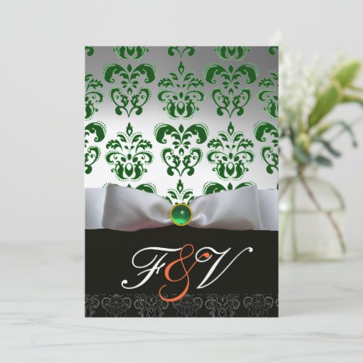 GREEN SILVER RIBBON & SCHWARZ DAMASK MONOGRAMM Ora Einladung (Stehend Vorderseite)