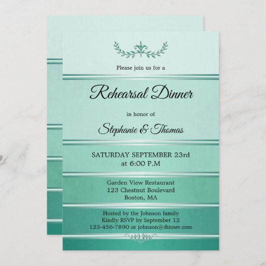 Green Silver Strip Ton sur Ton Probe Abendessen Einladung (Vorne/Hinten)