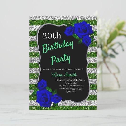 Green Silver Stripes Glitzer Deep Blue Rose Einladung (Stehend Vorderseite)