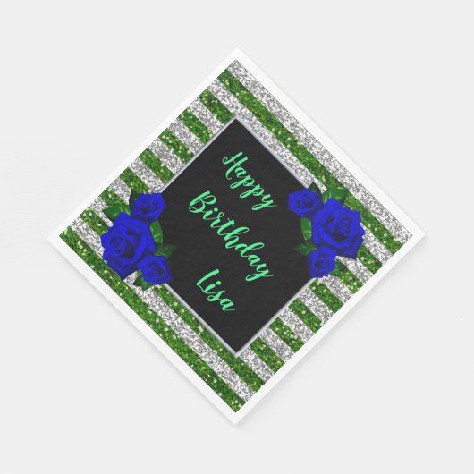 Green Silver Stripes Glitzer Deep Blue Rose Serviette (Ecke)