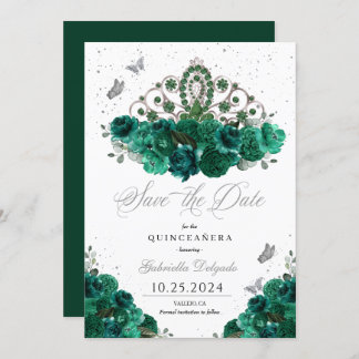 Green & Silver Tiara Save the Date Quinceañera Einladung