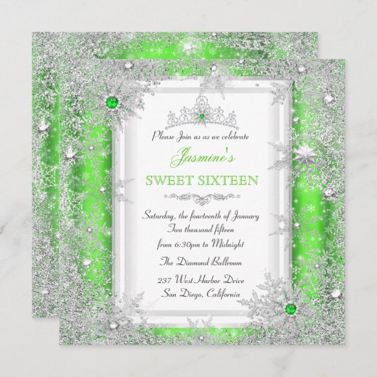Green Silver Winter Wonderland Sweet 16 Snowflake Einladung (Vorne/Hinten)