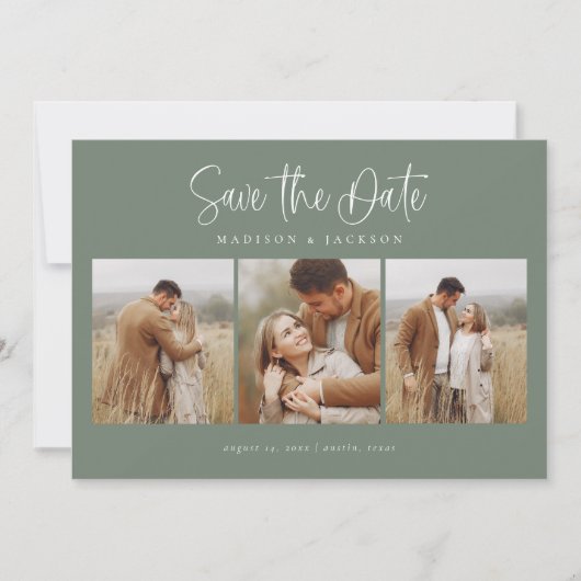 Green Simple Calligraphy Script Vier Foto Save The Date (Vorderseite)