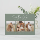Green Simple Calligraphy Script Vier Foto Save The Date (Stehend Vorderseite)