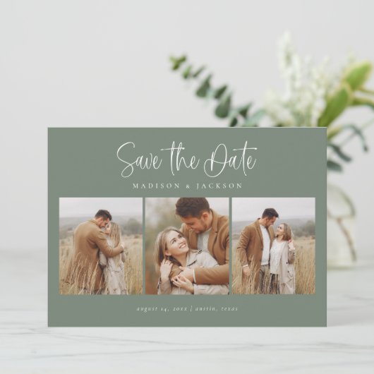 Green Simple Calligraphy Script Vier Foto Save The Date (Stehend Vorderseite)