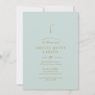 Green Simple Elegant Gold Cross Christening Einladung