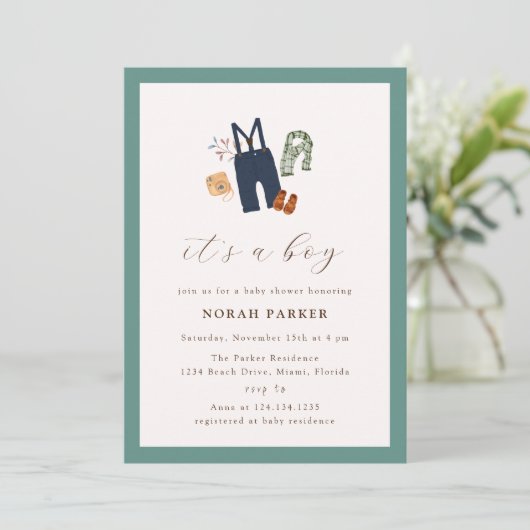 Green Simple Frame Boy Kleidung Kinderdusche Einladung (Stehend Vorderseite)