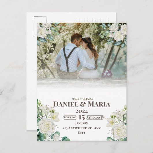 Green Simple mit Foto Save the Date Card Ankündigungspostkarte (Vorne/Hinten)