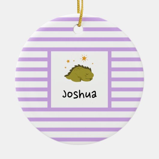 Green Sleepy Baby Dino | Lila Streifen modern Keramik Ornament (Vorne)