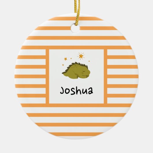 Green Sleepy Baby Dino | Orange Stripe Modern Keramik Ornament (Vorne)
