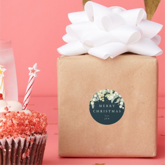 Green Snowberry+Eucalyptus Custom Message Holiday Runder Aufkleber (Party)
