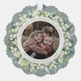 Green Snowberry+Eucalyptus Holiday Wreath Photo  Ornament Karte