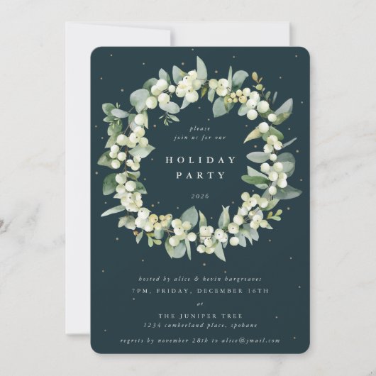 Green Snowberry+Eucalyptus Wreath Holiday Party Einladung (Vorderseite)