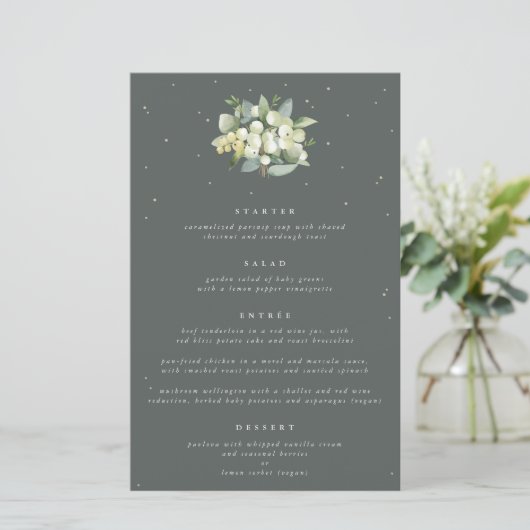 Green Snowberry+Eukalyptus 4 Course Wedding Menu (Stehend Vorderseite)