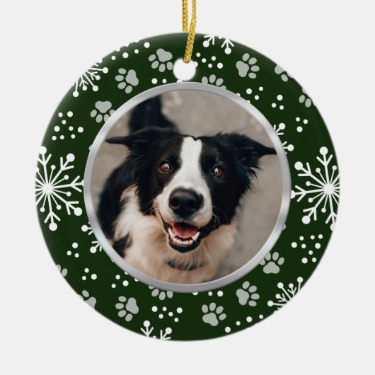 Green Snowflake Paw Muster Pet Foto Keramik Ornament (Vorne)