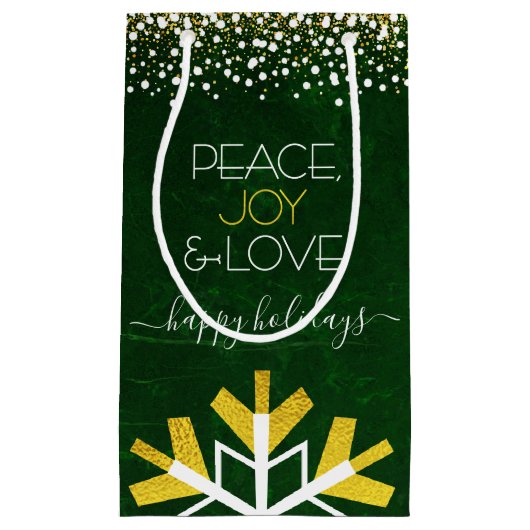 Green Snowflake Peace Joy Liebe Moderne Typografie Kleine Geschenktüte (Vorderseite)