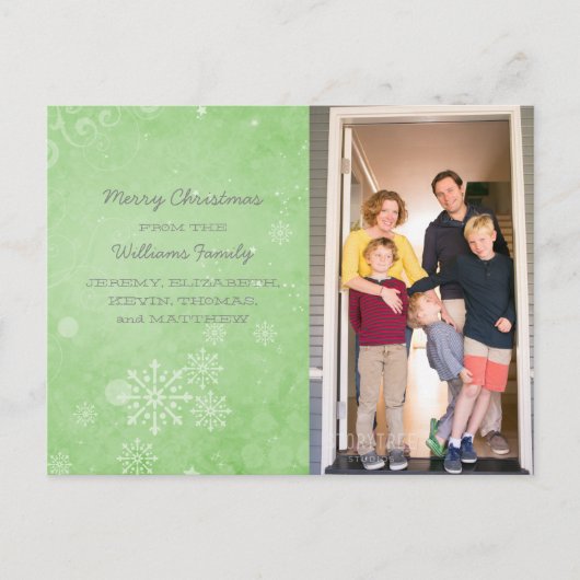 Green Snowflake Wirbel Holiday Foto Postkarte (Vorderseite)