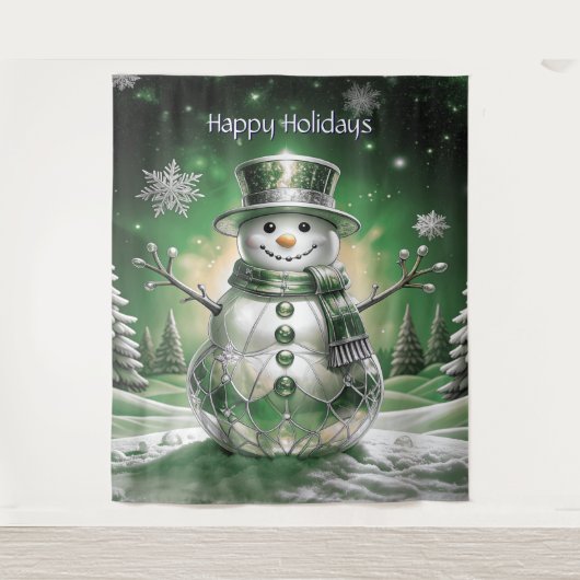 Green Snowman Snowflakes Holiday Backdrop Wandteppich (Vorderseite)