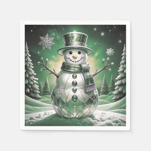 Green Snowman Snowflakes Holiday Napkin Serviette (Vorderseite)