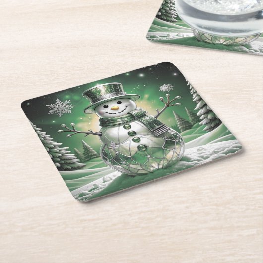 Green Snowman Snowflakes Holiday Paper Coaster Rechteckiger Pappuntersetzer (angewinkelt)