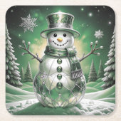 Green Snowman Snowflakes Holiday Paper Coaster Rechteckiger Pappuntersetzer (Vorderseite)