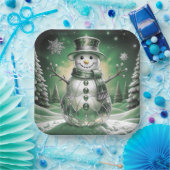 Green Snowman Snowflakes Holiday Paper Plate Pappteller (Party)