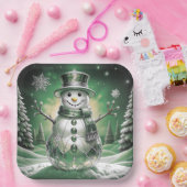 Green Snowman Snowflakes Holiday Paper Plate Pappteller (Party)