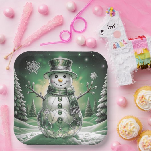 Green Snowman Snowflakes Holiday Paper Plate Pappteller (Party)