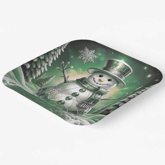 Green Snowman Snowflakes Holiday Paper Plate Pappteller (Gewinkelt)