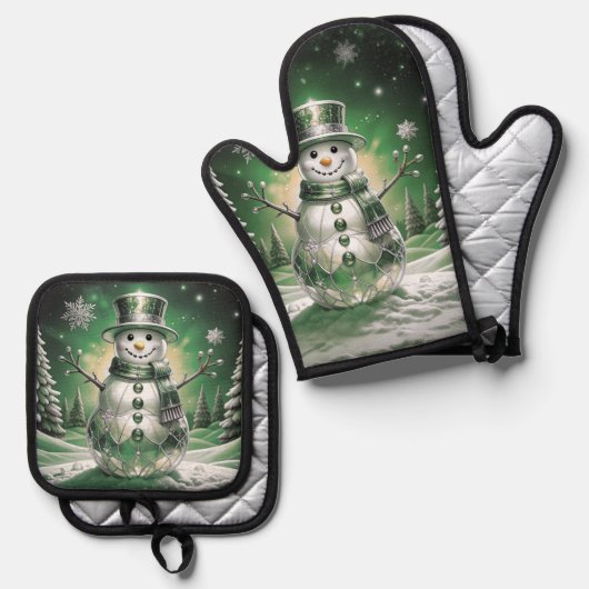 Green Snowman Snowflakes Ofenhandschuh & Topflappen-Set (Vorderseite/Rückseite)