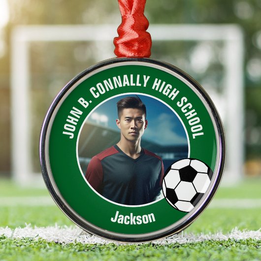 Green Soccer Player Photo High School Christmas Ornament Aus Metall